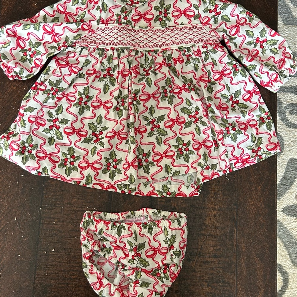 Holiday Holly Print Baby Dress with Bloomer - Red & Green